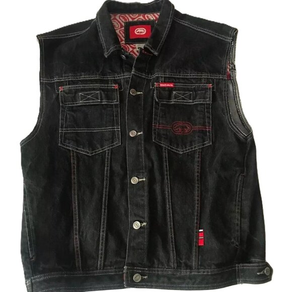 ECKO UNLIMITED Mens MEDIUM Trucker Button Down Denim Vest Black Gray Red Y2K - Picture 1 of 11